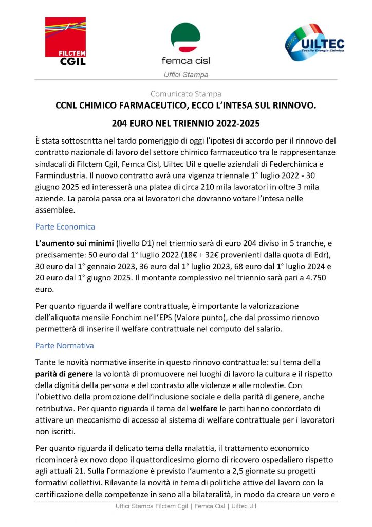 Ccnl Chimico Farmaceutico, ecco l’intesa sul rinnovo. 204 euro nel